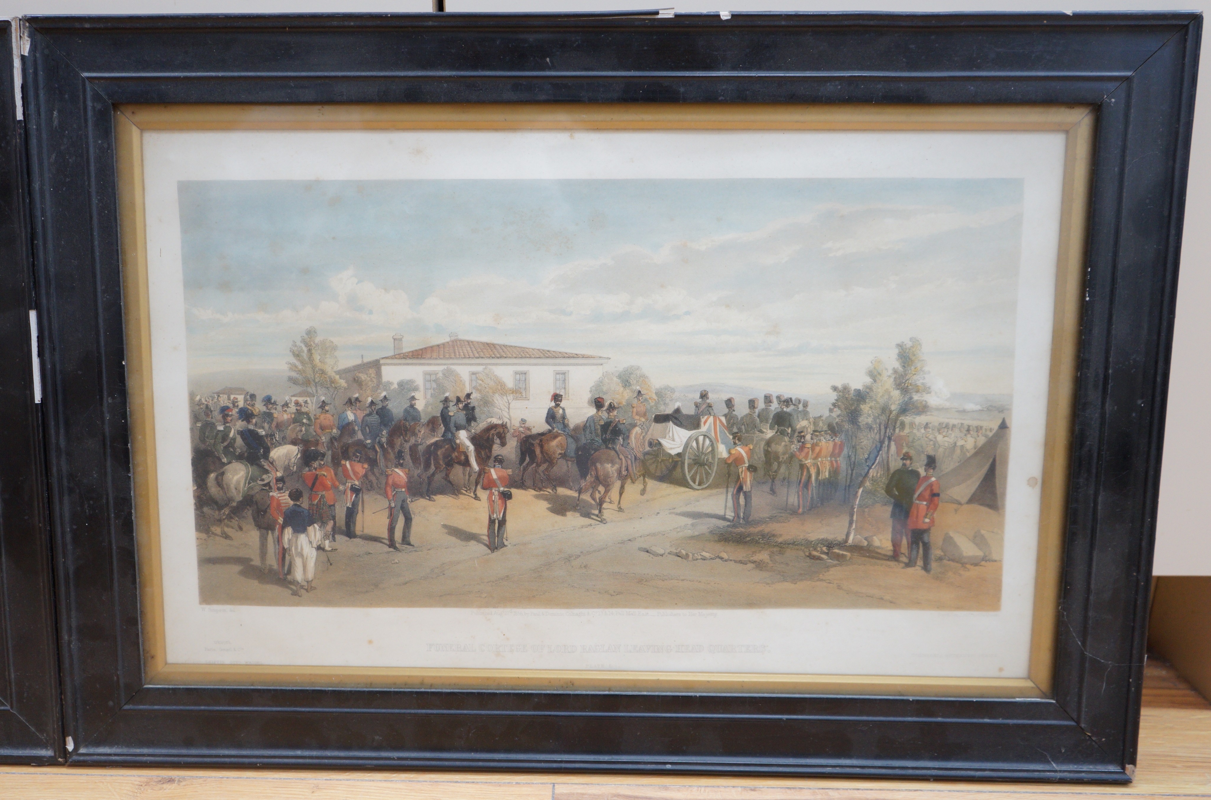 Bryson after Simpson, two coloured lithographs, Scenes from the Crimea, 'Cavalry Camp' and 'Funeral Cortege of Lord Raglan leaving headquarters', 1855, 33 x 52cm
